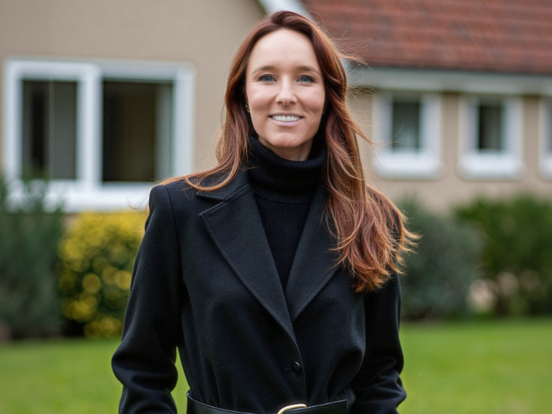 This is a photo of a woman with long brown hair wearing a black coat