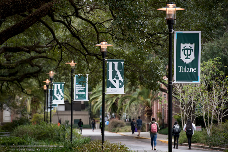 Tulane uptown campus with banners