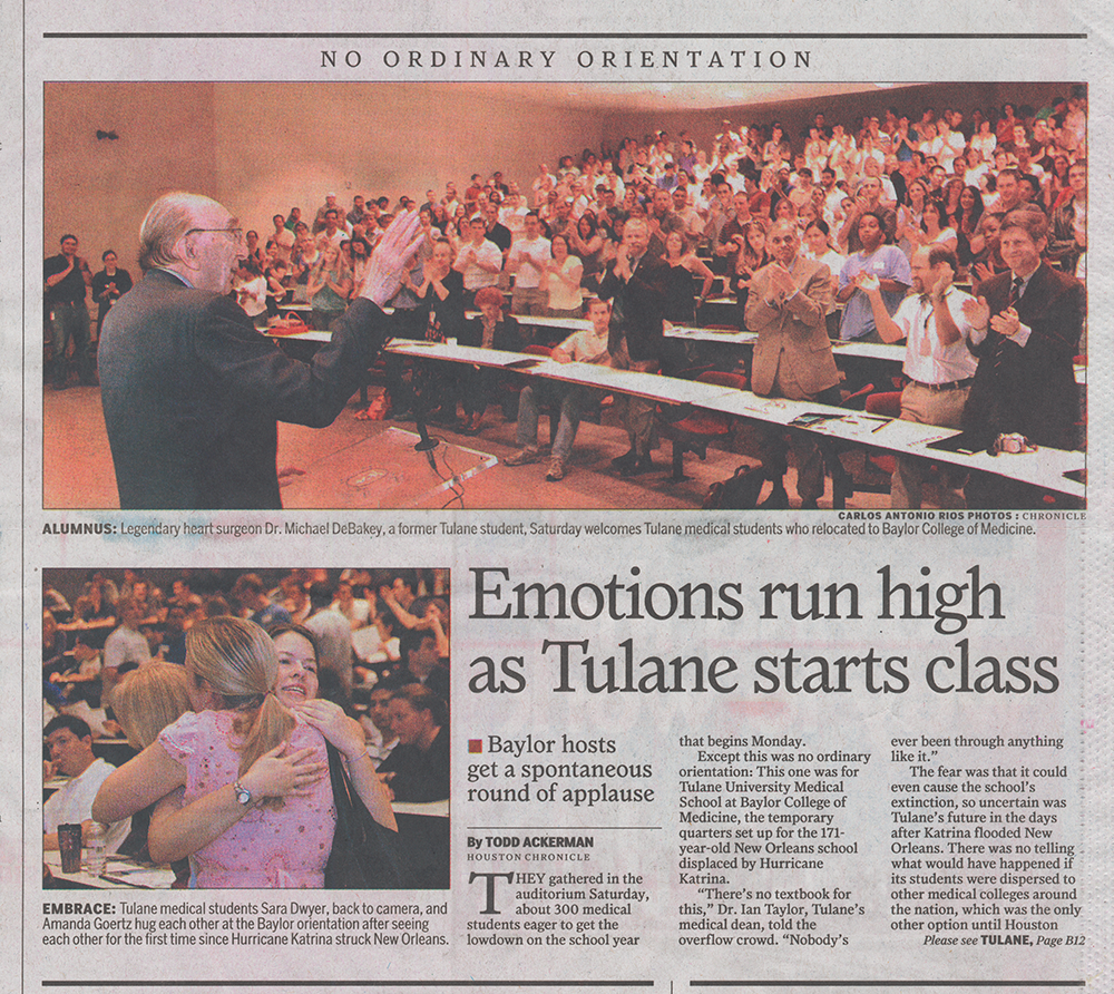 a newspaper clipping from Baylor about Tulane starting class after Hurricane Katrina