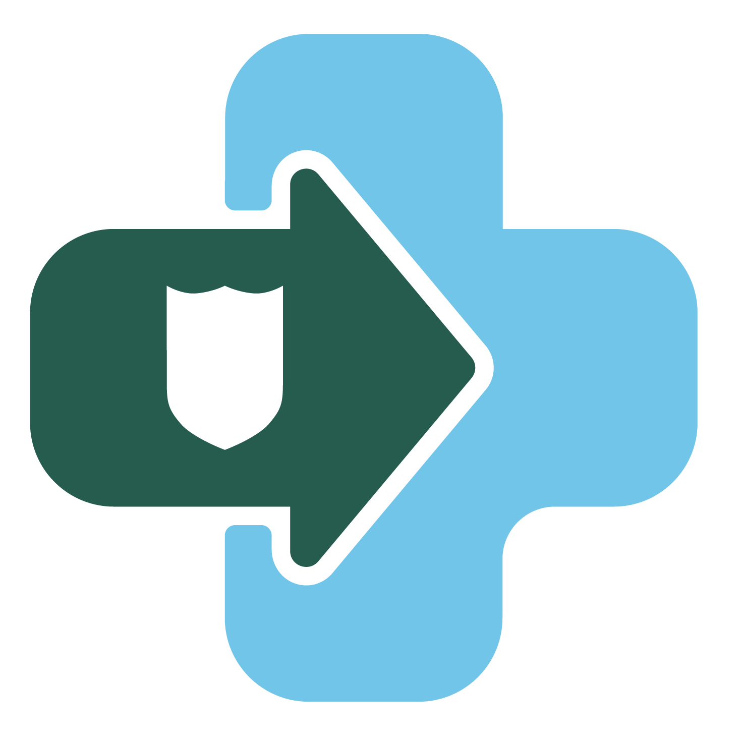 Inside Tulane Med square logo of a green arrow pointing inside a blue medical plus sign