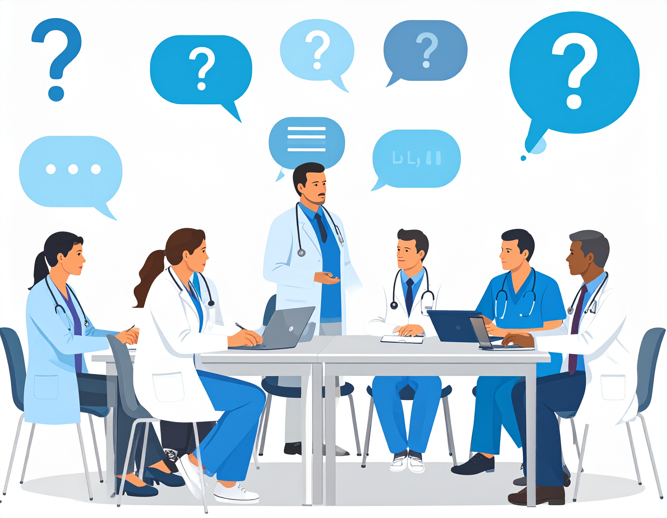a Group of doctors ask and answer questions around a table