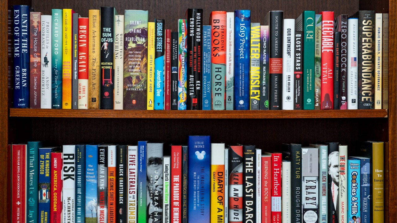This image shows two rows of books on a bookshelf.