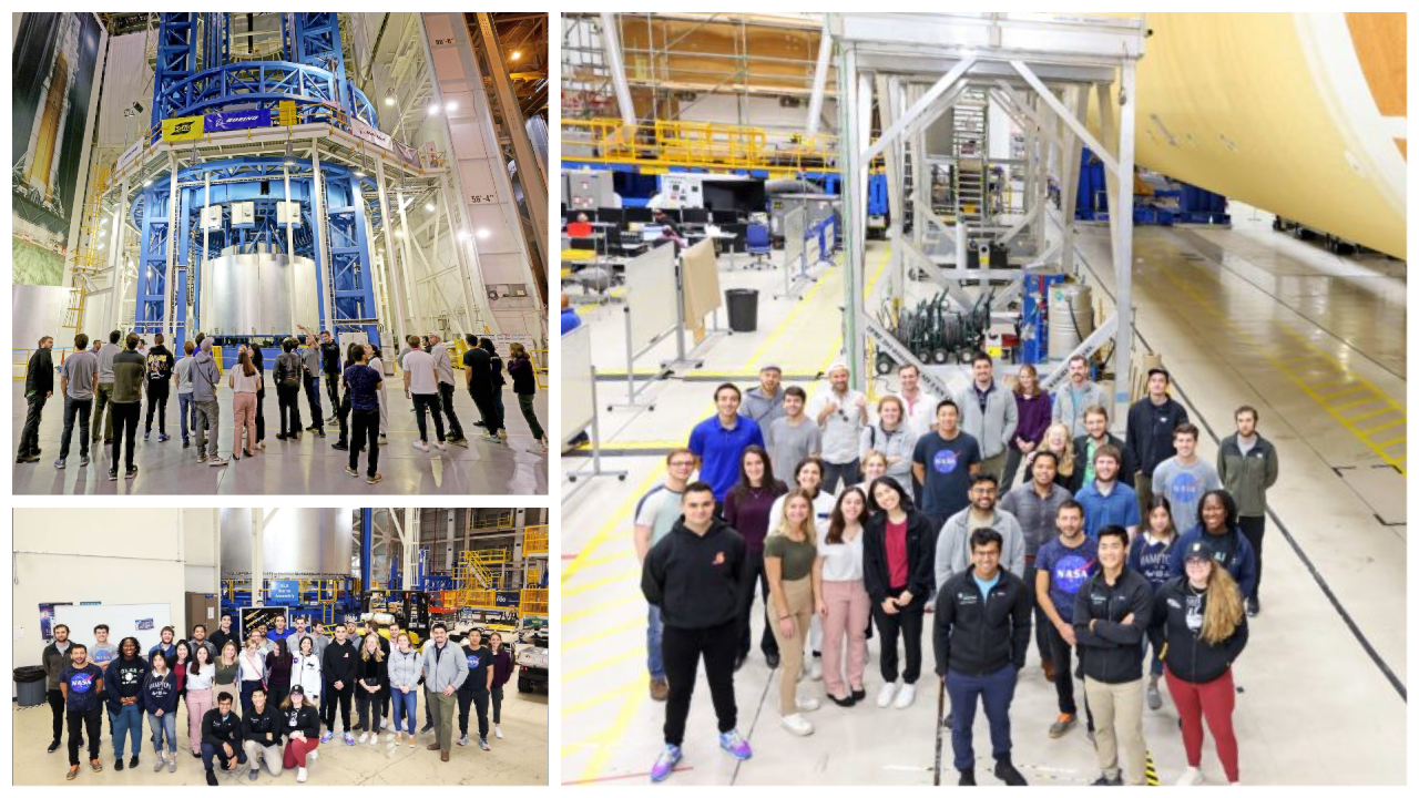 These three images show a group of people inside a NASA facility.