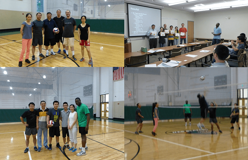 collage of 4 pictures of volleyball players and students receiving certificates