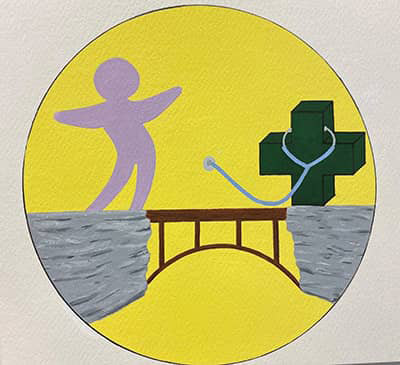 illustration of faceless person crossing bridge to medical care