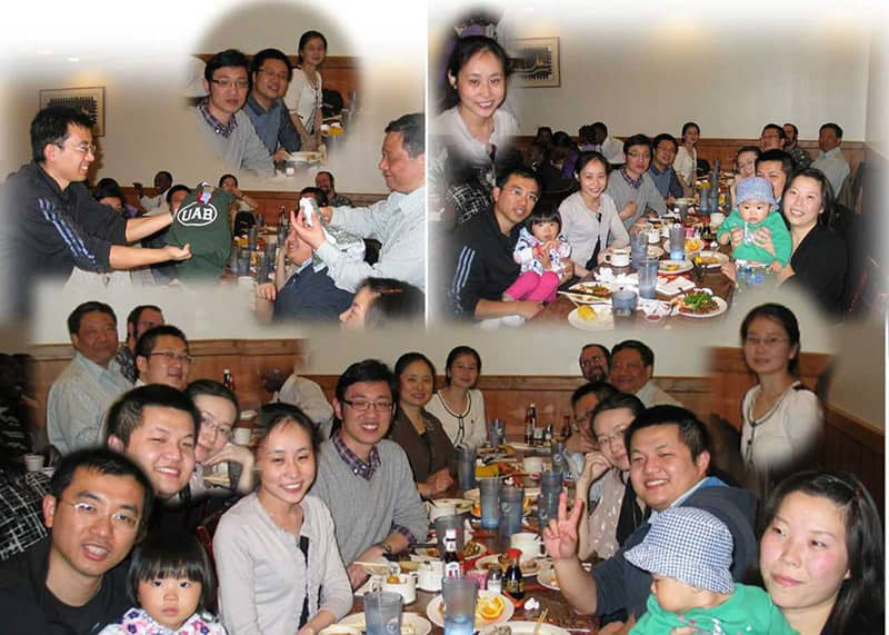 a collage of groups of people at a restaurant
