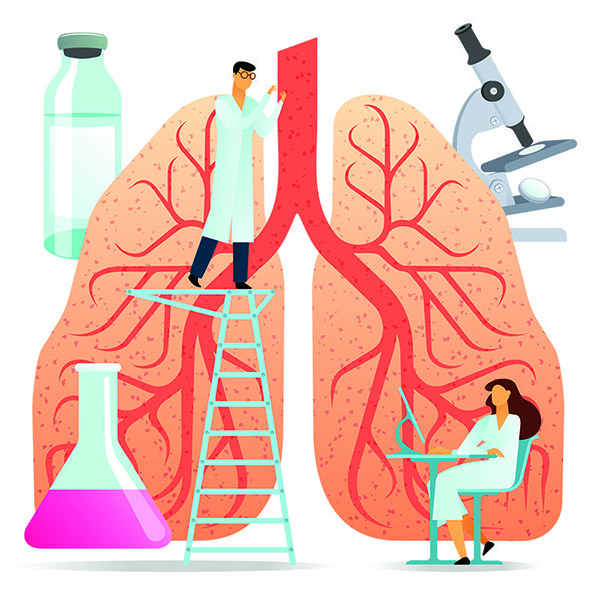 illustration of lungs with doctor & assistant