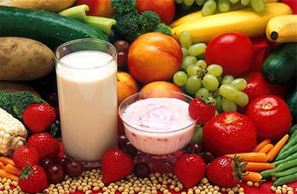 milk, yogurt, peaches, grapes, strawberries