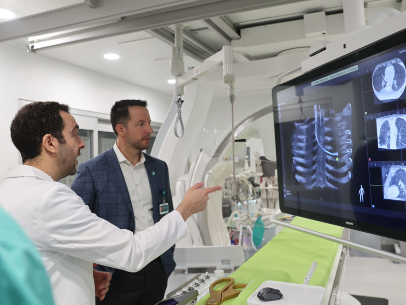 This image shows a doctor pointing at a screen with an image of lungs