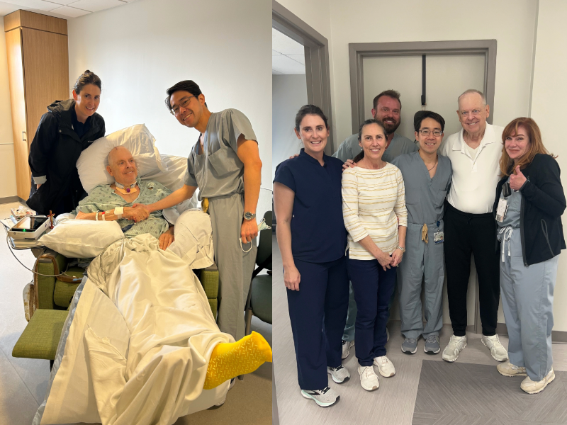 These are two photos showing a group of healthcare workers with a patient 