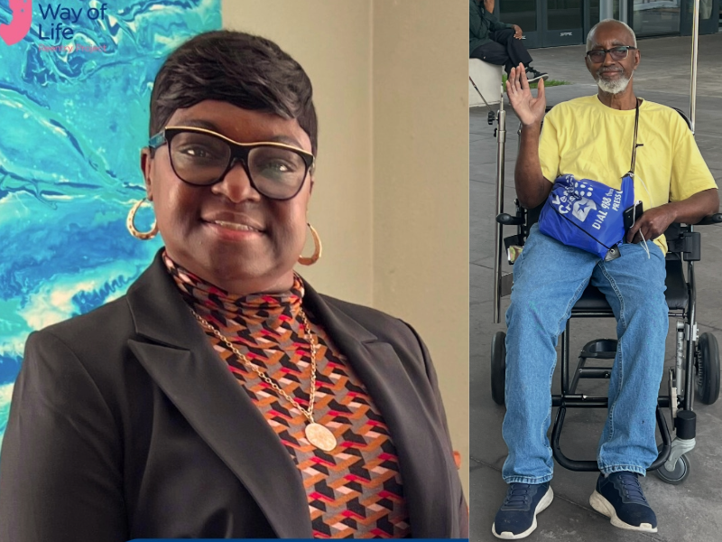 A woman poses in a professional photo and a man waves from a wheelchair