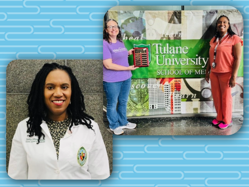 Two photos on a blue background. One photo is a head shot of Anita Cook, the other shows Cook standing in front of a sign with another person