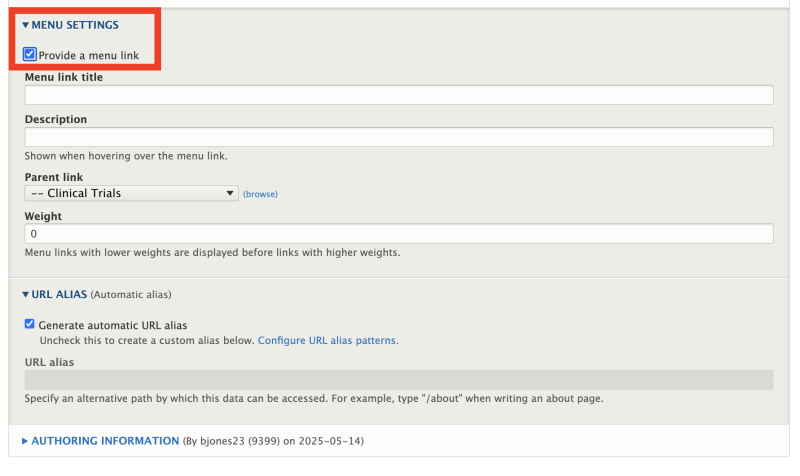 A screenshot of the metadata for this content type, includes menu links and URL aliases