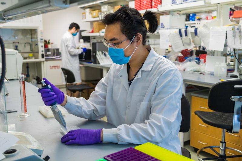 a man in purple gloves holds a pipette in a bioinformatics lab