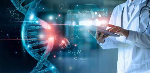 Doctor with tablet looking at luminous DNA