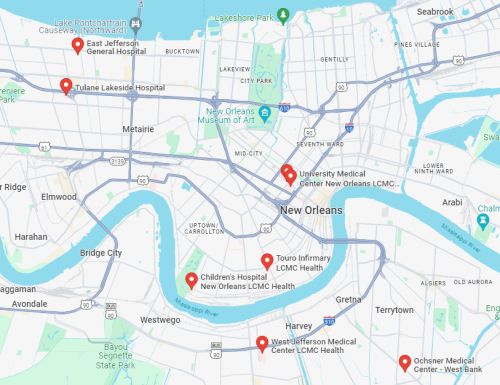 Surgery Training locations map Map of new Orleans with markers showing locations of surgery training sites.