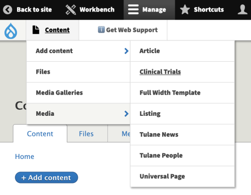 screenshot of the admin bar and add content section