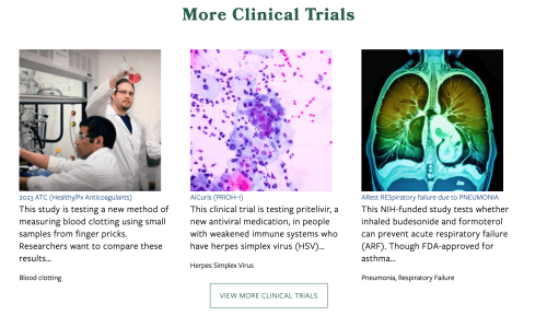 Screenshot of 3 image thumbnails and the heading of more clinical trials