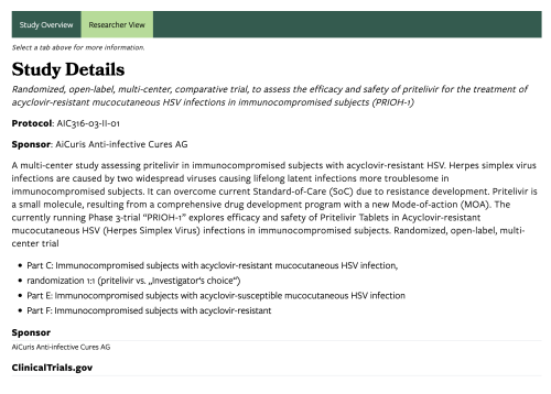 Screenshot of green navigation bar and example details about a study