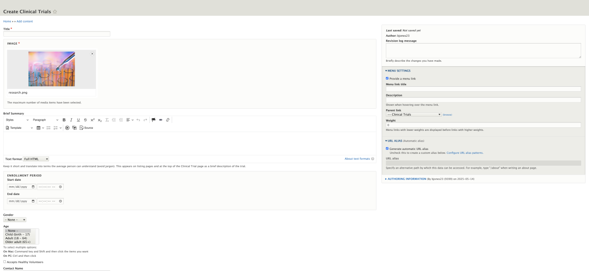 Screenshot of the entire backend of the clinical trials content type