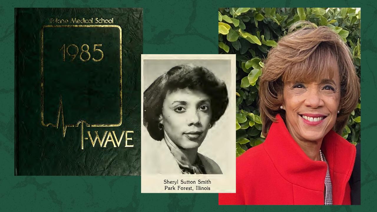 These are side-by-side photos of Dr. Sheryl Smith from her school years and today