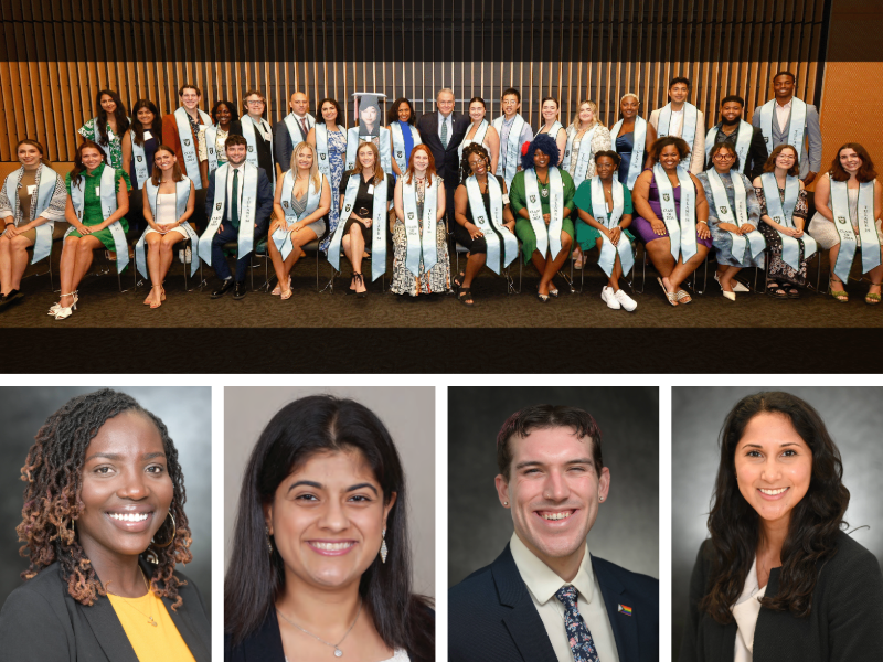 This image shows a group of students who won the the Tulane 34 award and the headshots of four school of medicine winners
