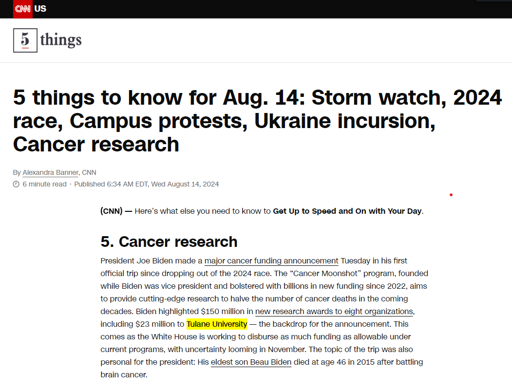 CNN 5 Things Mentions Tulane