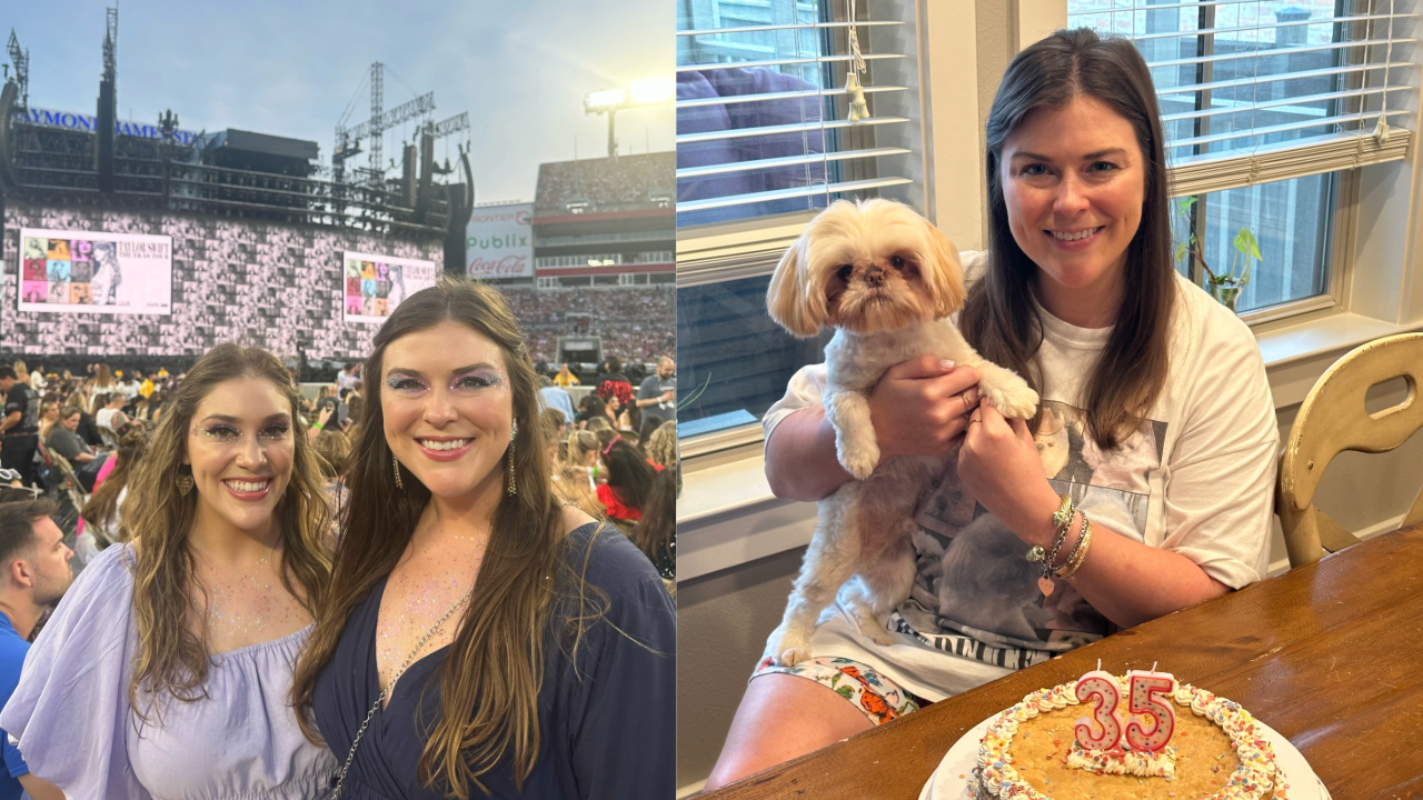 These are two photos of Ashley Pisano, one showing her at the Eras Tour and one showing her at her 35th birthday holding her dog