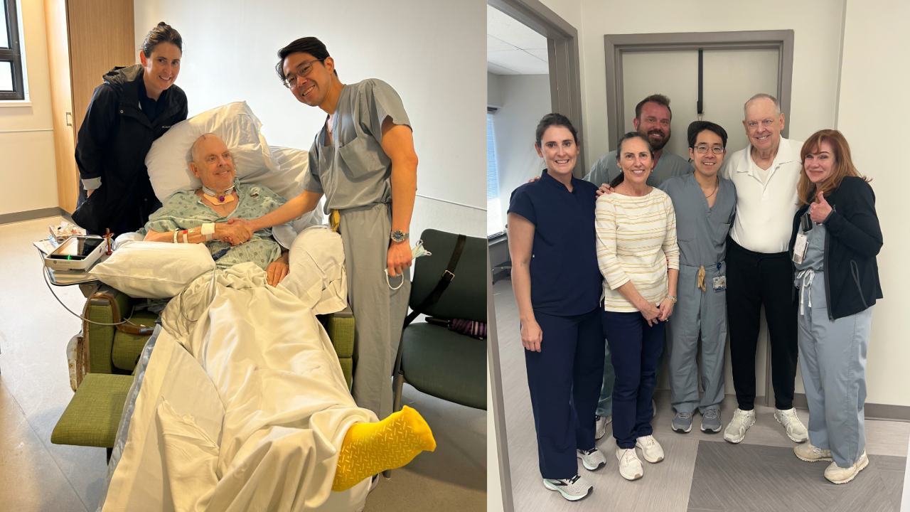 Two photos showing a group of healthcare workers with a recovering patient