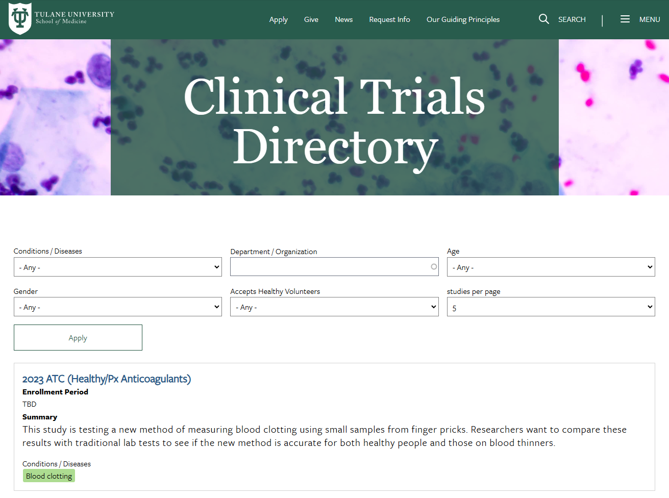 screenshot of the clinical trial directory that contains a banner image and title, fields for filtering and search results