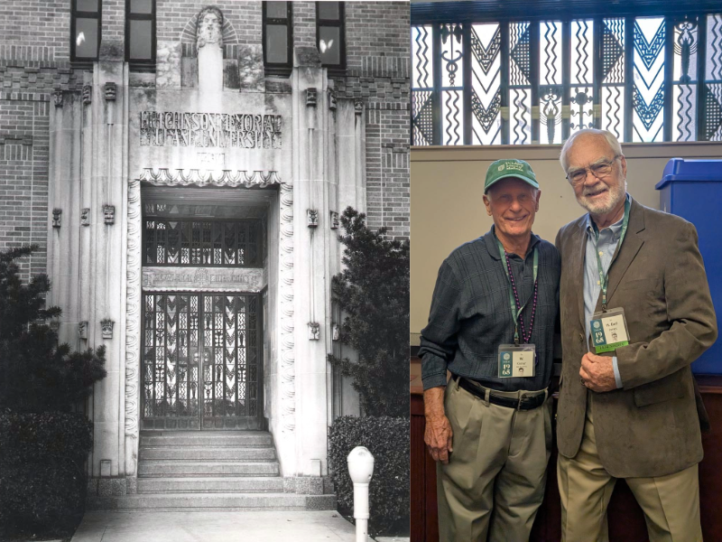 A composite photo - on the left is a black and white photo of an ornate door, on the right is a color photo of two men standing in an office