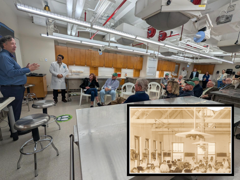 A lab space with an inset photo of an old lab space