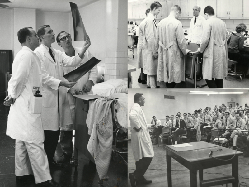 Black and white photos show doctors in a medical setting