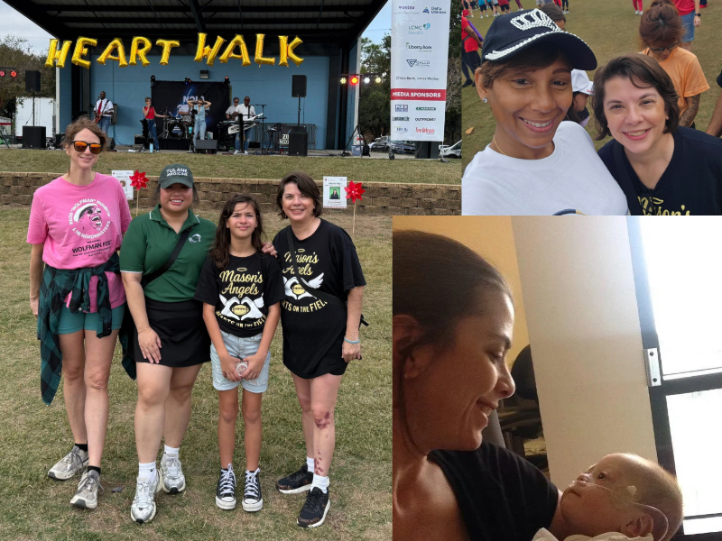 Heart Walk event collage: stage with band, smiling participants, woman holding baby.