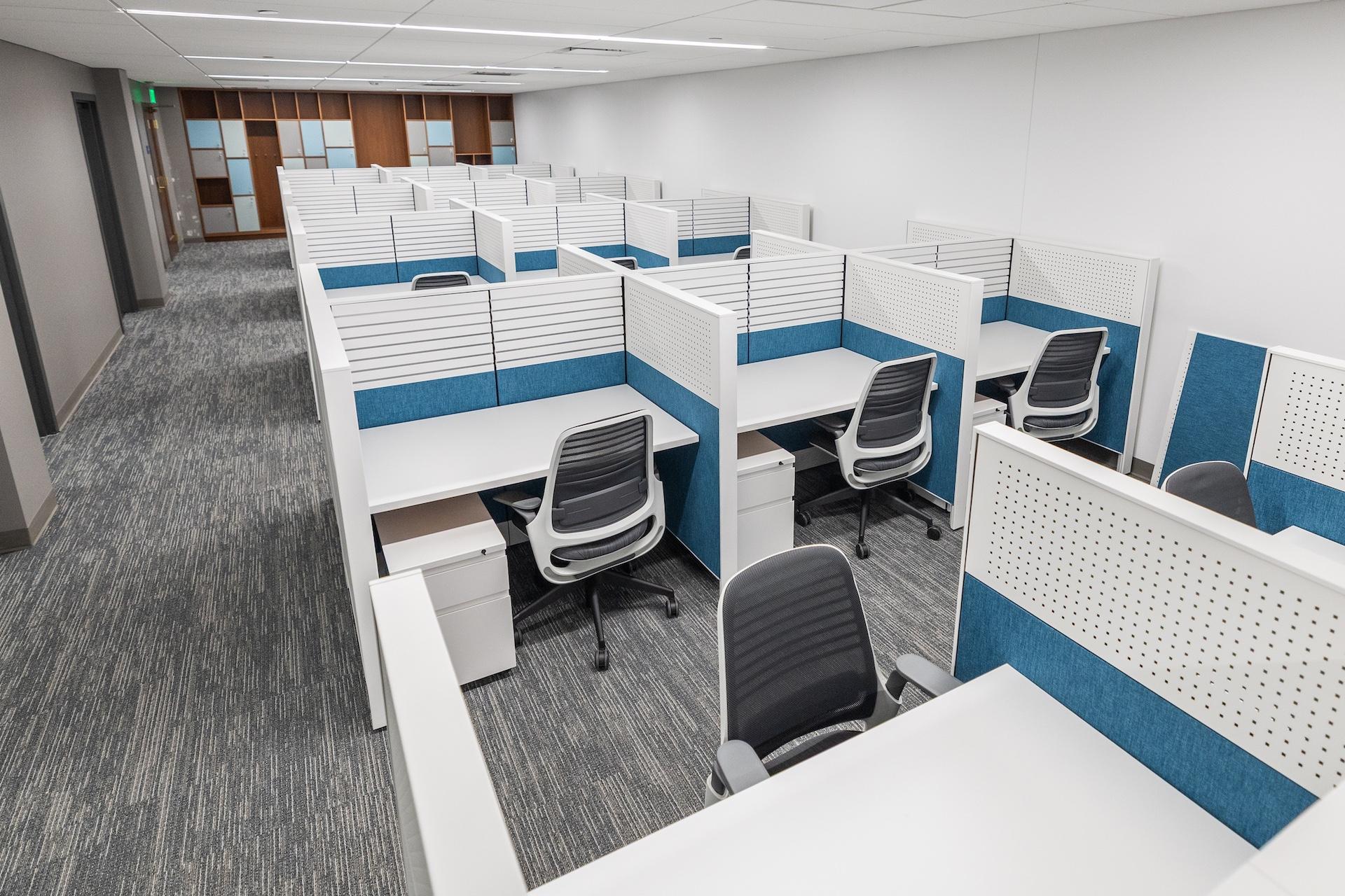 Rows of modern workstations with white desks, blue privacy panels, and rolling chairs inside a newly renovated academic space.