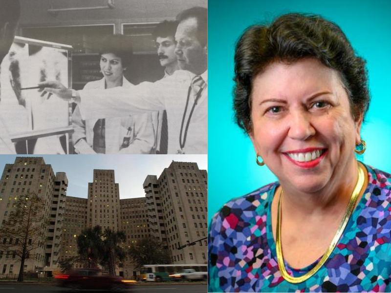 A collage of pictures showing a group of young medical students, a portrait of Dr. Elma LeDoux, and a photo of Charity Hospital