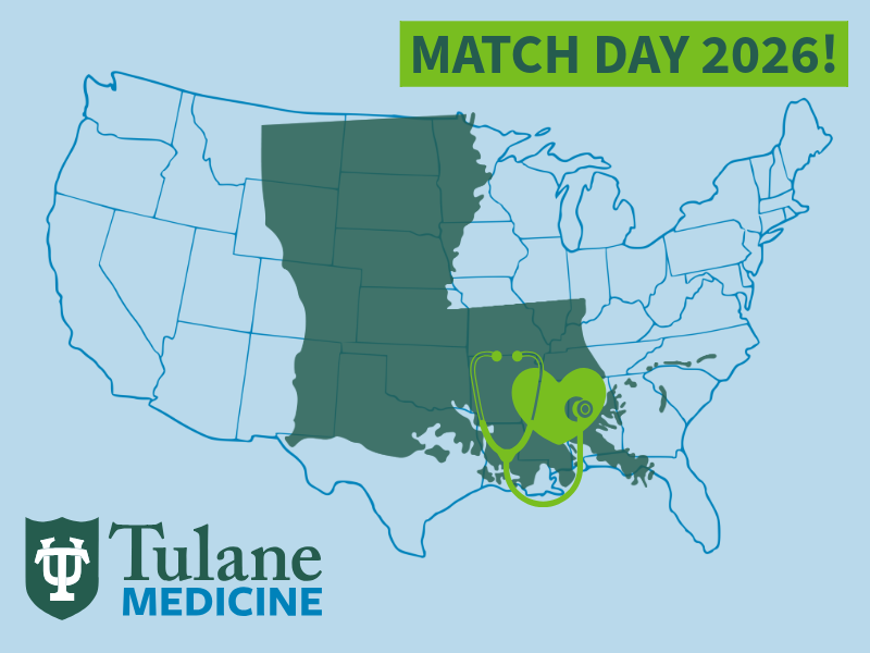 A graphic of the United States with a large graphic of Louisiana over it and it says Match Day 2026