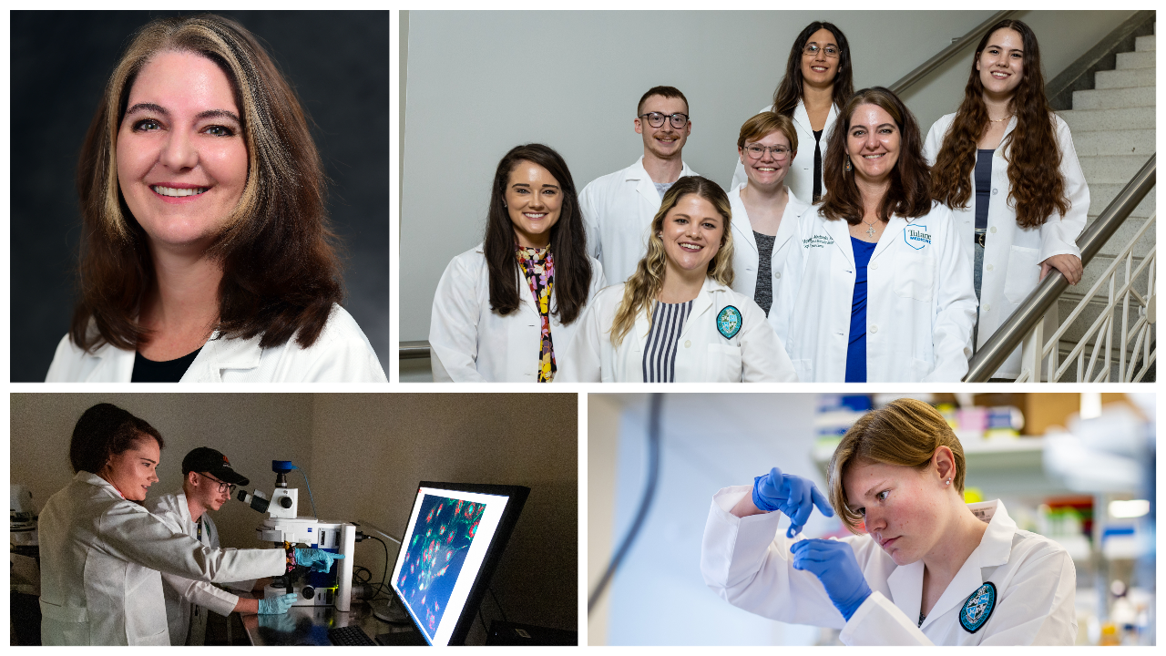This is a collage showing a smiling woman, a group of people and researchers in lab settings