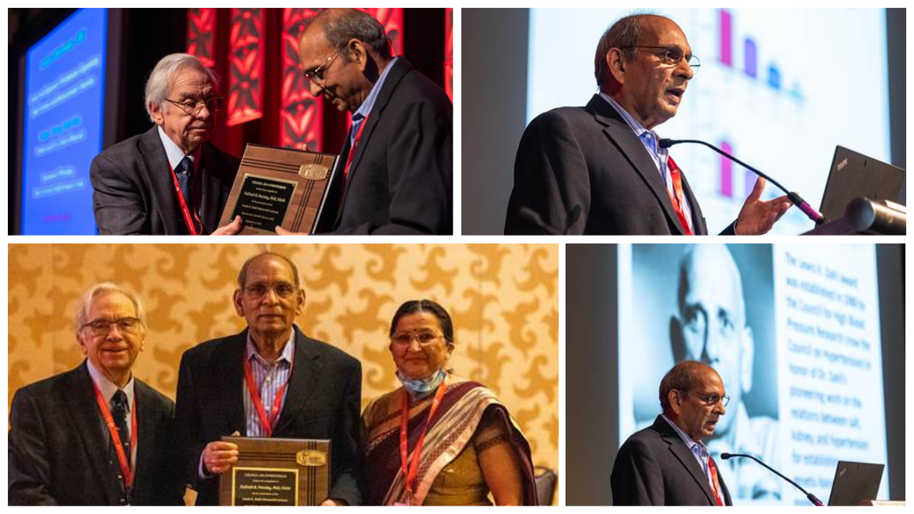 These images show a person being presented with an award and giving a lecture.