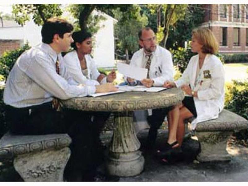 docs having discussion outside at a table