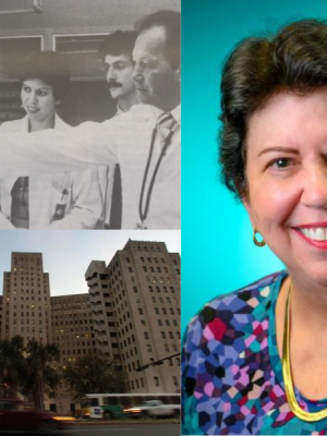 A collage of pictures showing a group of young medical students, a portrait of Dr. Elma LeDoux, and a photo of Charity Hospital